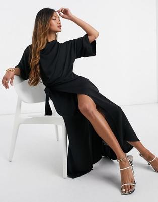 ASOS DESIGN cowl neck midi dress with wrap skirt in black offers at S$ 28 in asos