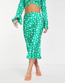 Miss Selfridge Satin midi skirt in green floral offers at S$ 17.99 in asos