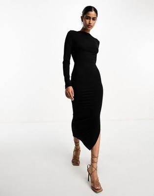 ASOS DESIGN long sleeve midi dress with open back and strap detail in black offers at S$ 11 in asos