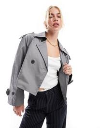 Stradivarius oversized cropped trench coat in slate grey offers at S$ 22.99 in asos