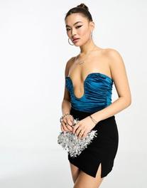ASOS DESIGN curved v bar ruched sleeveless bodysuit in teal offers at S$ 20.99 in asos