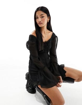 Miss Selfridge chiffon lace mix tie front mini dress in black offers at S$ 23 in asos
