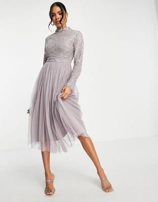 Beauut Bridesmaid embellished midi dress in silver and pink offers at S$ 158.99 in asos