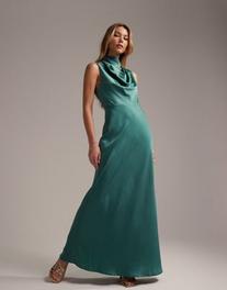 ASOS DESIGN Bridesmaid high neck cowl satin maxi dress with tie detail in teal offers at S$ 94.99 in asos