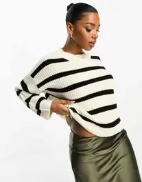 JDY knitted crew neck stripejumper in black & cream offers at S$ 303 in asos