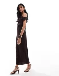 ASOS DESIGN fallen shoulder with twist plisse maxi dress in chocolate offers at S$ 379 in asos