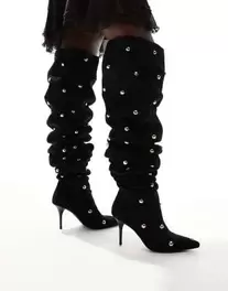 ASOS DESIGN Karma studded heeled over the knee boots in black offers at S$ 80 in asos