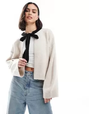 ASOS DESIGN open cardigan with bow tie neck in cream offers at S$ 28 in asos