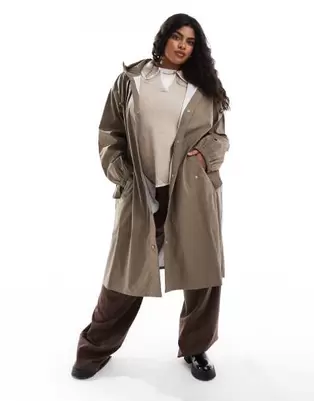 ASOS DESIGN Curve rubberised rain parka coat in mushroom offers at S$ 74.99 in asos