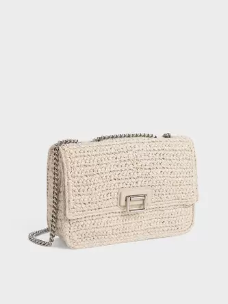 Neva Woven Chain-Handle Shoulder Bag  - beige offers at S$ 73.5 in Charles & Keith