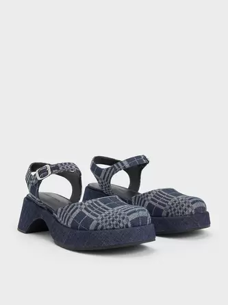 Nerina Checkered Ankle-Strap Platform Flats  - dark blue offers at S$ 55.9 in Charles & Keith