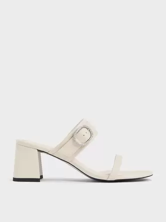 Crystal-Buckle Block-Heel Mules  - chalk offers at S$ 47.9 in Charles & Keith