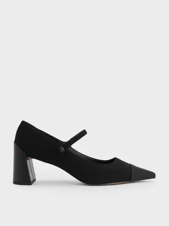 Faux Suede Cap-Toe Pointed Mary Jane Pumps  - black textured offers at S$ 47.9 in Charles & Keith
