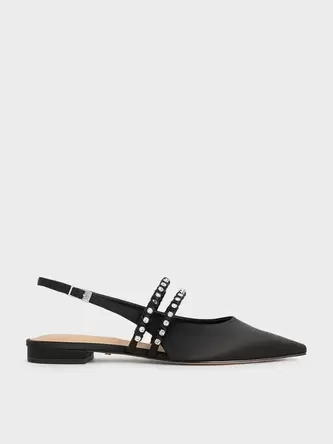 Goldie Recycled Polyester Gem-Encrusted Mary Jane Flats  - black textured offers at S$ 62.9 in Charles & Keith