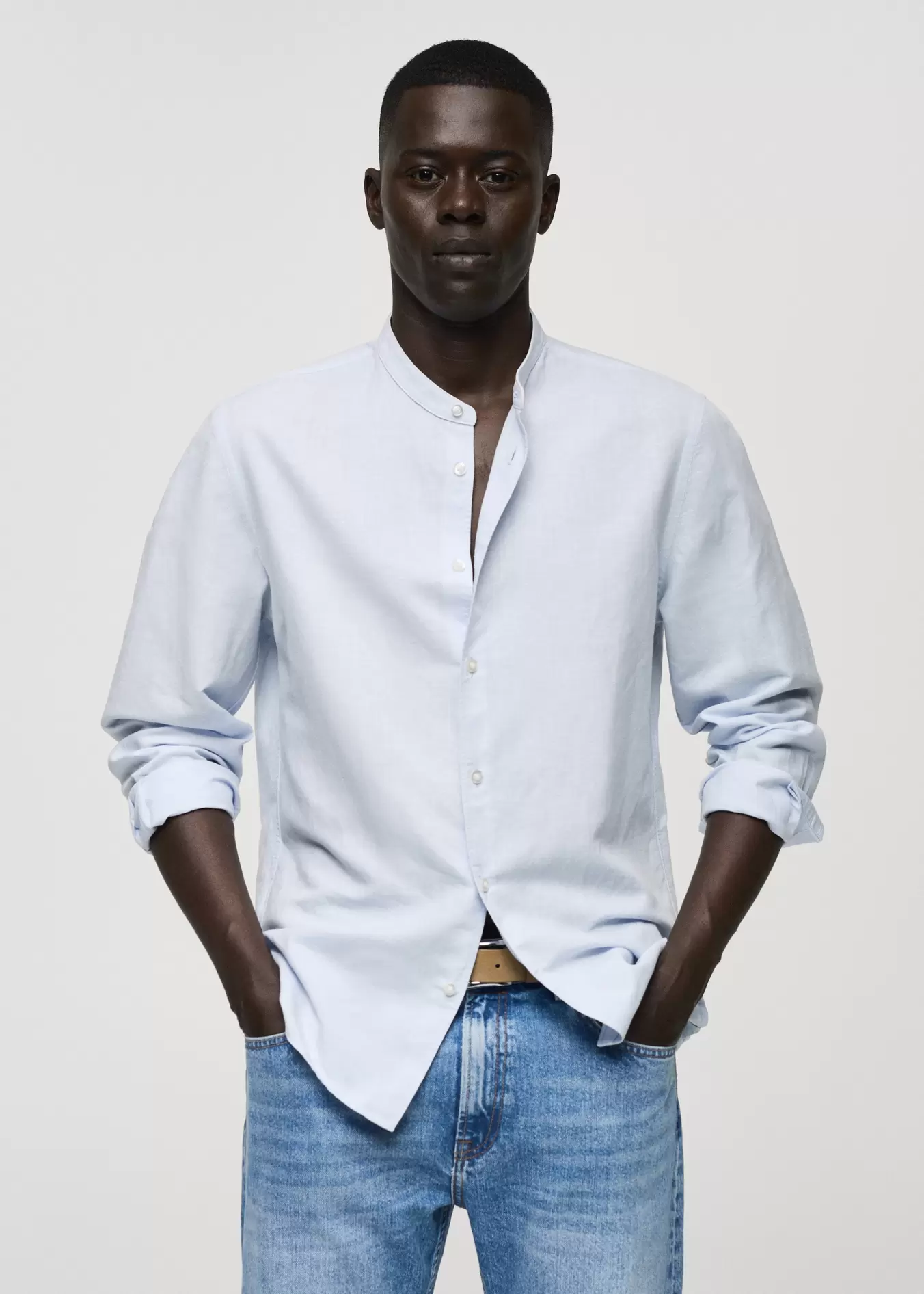 Classic-fit linen shirt with mandarin collar offers at S$ 49.9 in HE by Mango