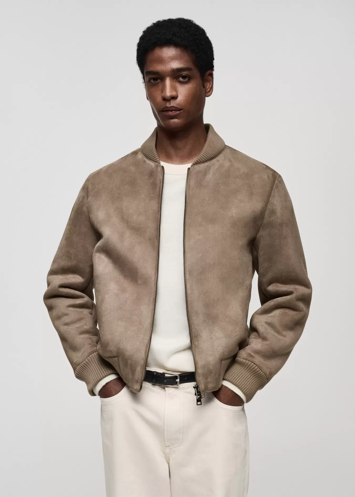 Suede-effect bomber jacket offers at S$ 169.9 in HE by Mango