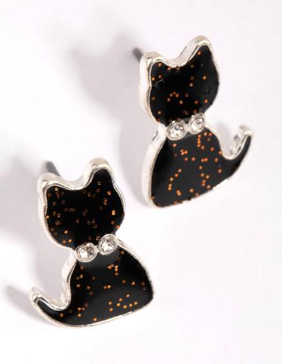 Silver & Black Glitter Cat Stud Earrings offers at S$ 3 in Lovisa