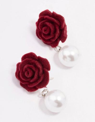 Red Felt Rose Pearl Stud Earrings offers at S$ 5 in Lovisa