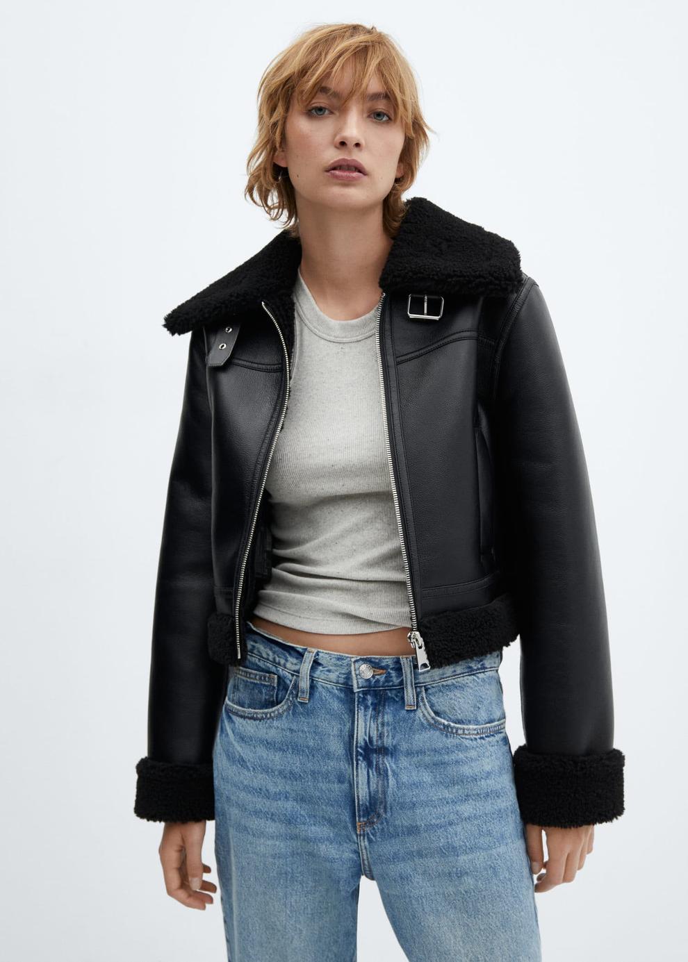 Faux shearling-lined biker jacket offers at S$ 89.9 in Mango