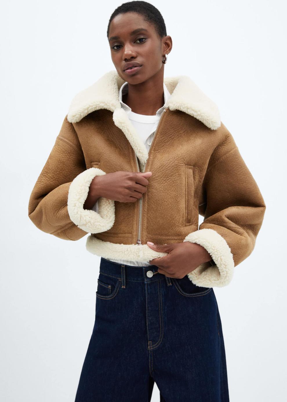 Shearling-lined leather-effect jacket offers at S$ 89.9 in Mango