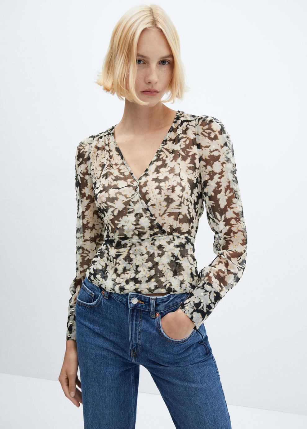 Floral print crossover blouse offers at S$ 49.9 in Mango