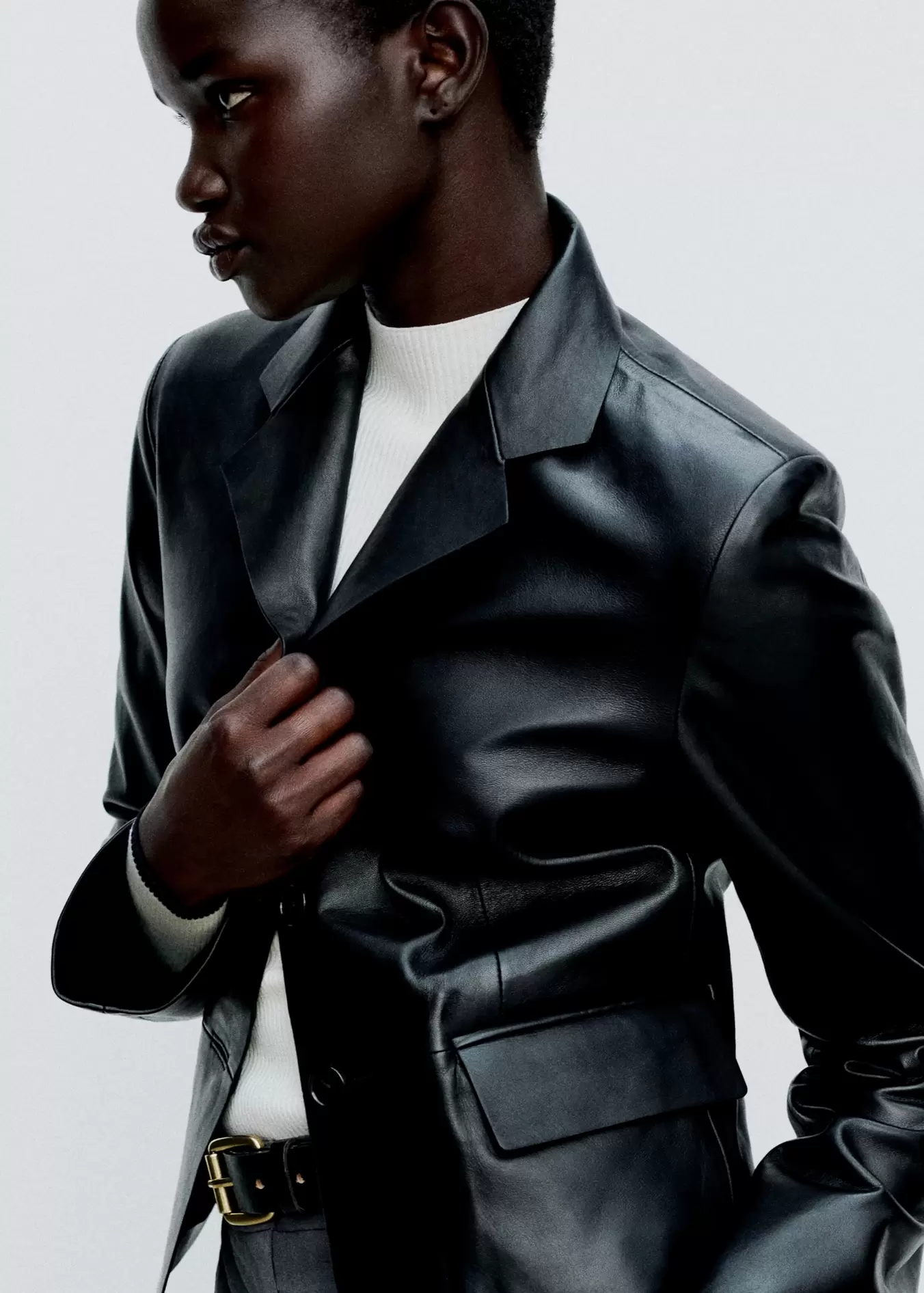 100% leather crop blazer offers at S$ 499.9 in Mango