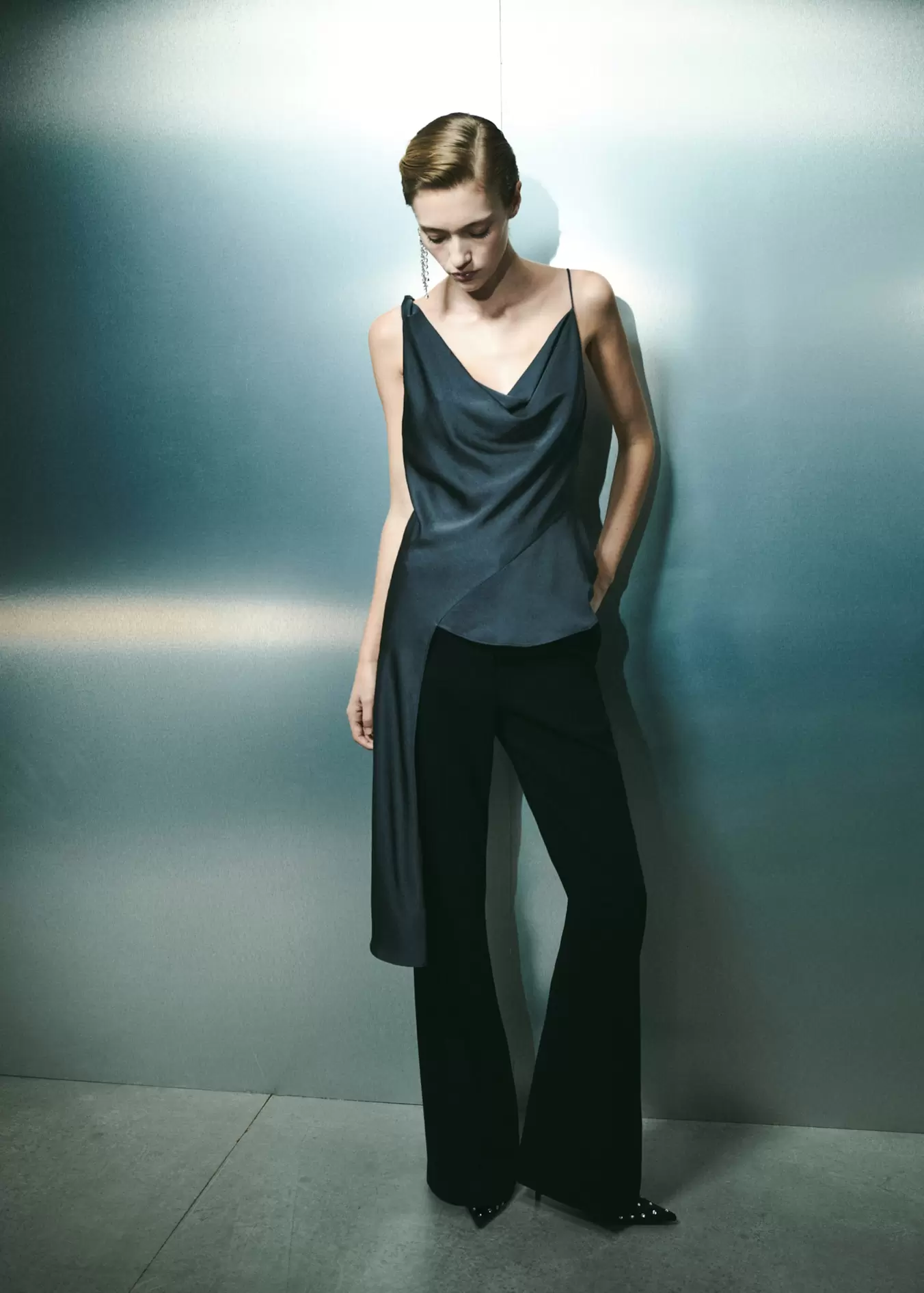 Asymmetrical top with draped neckline offers at S$ 69.9 in Mango