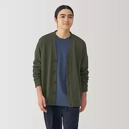 Men's Soy fiber mid-gauge V neck cardigan offers at S$ 49 in MUJI